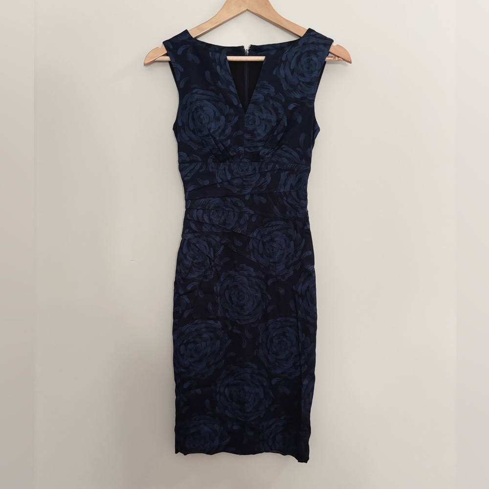 Navy Blue & Black Floral Fitted Formal Midi Dress from Le Château